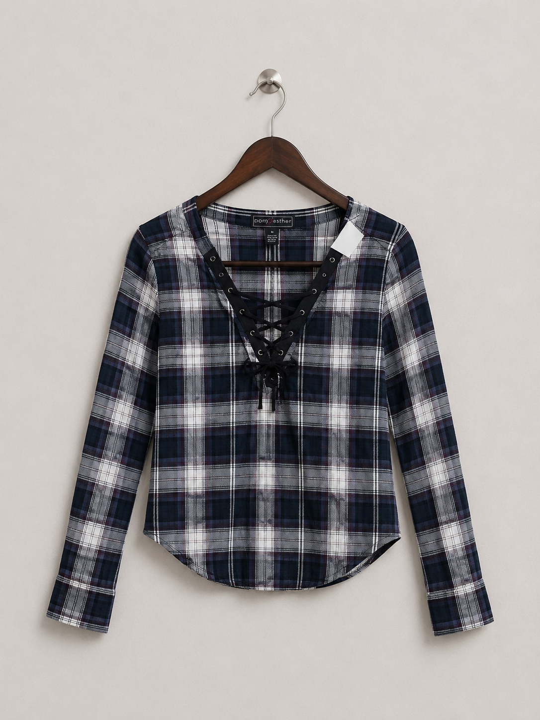 Polly & Esther Women's Navy Plaid Lace-Up Pullover Top – Size M
