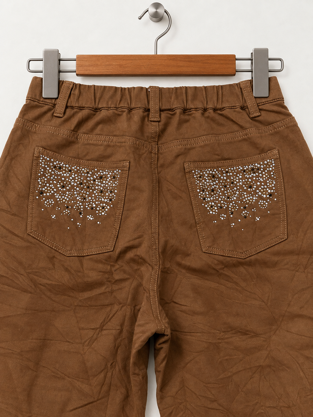 Dream Seasons Women's Brown Rhinestone Flared Trousers - Size M Short