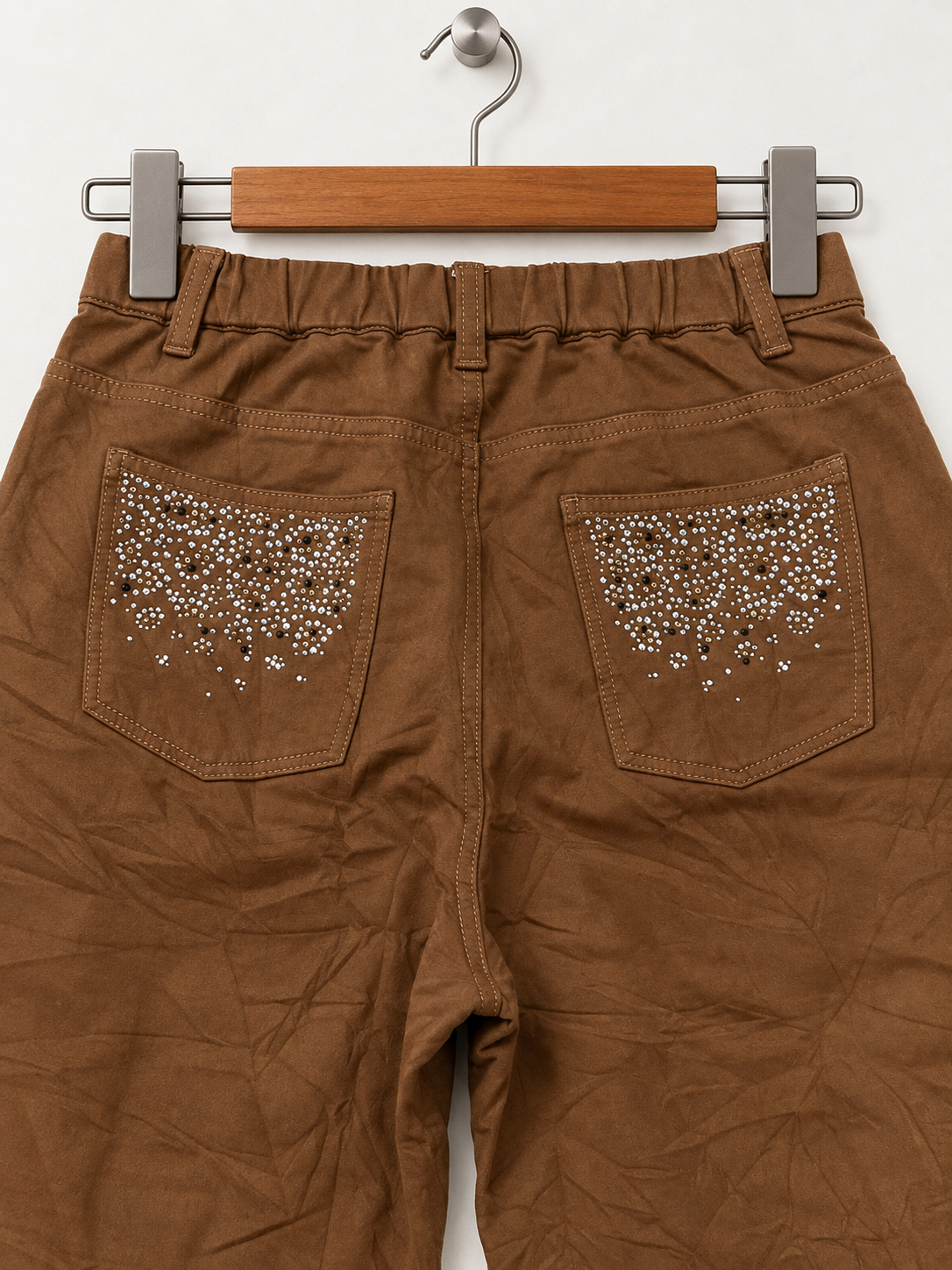 Dream Seasons Women's Brown Rhinestone Flared Trousers - Size M Short