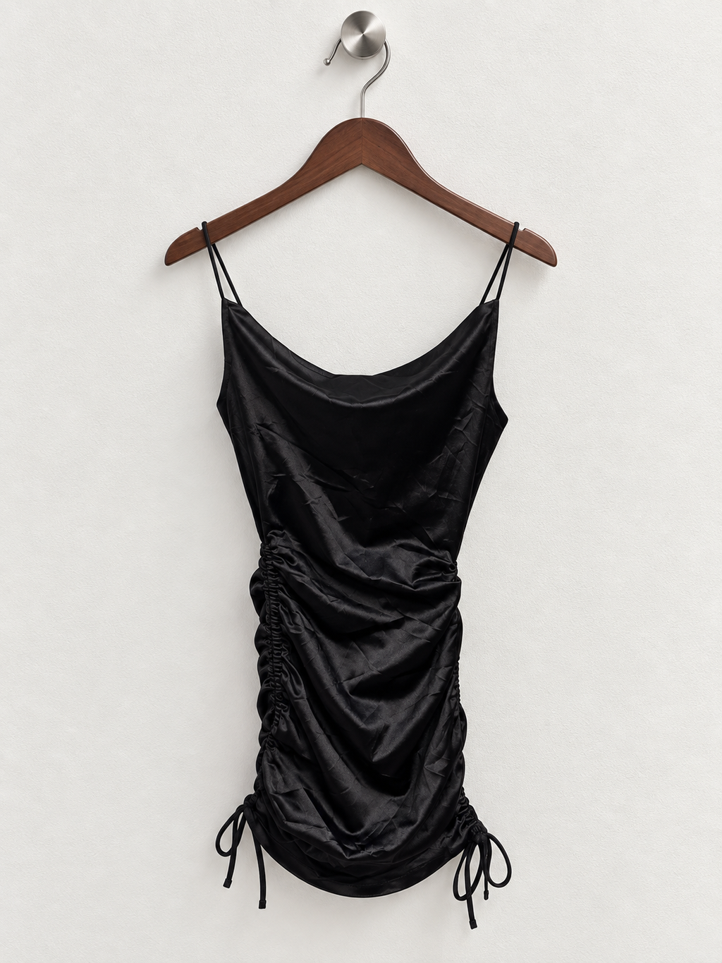 H&M Divided Black Satin Ruched Cowl Neck Mini Slip Dress - Size XS