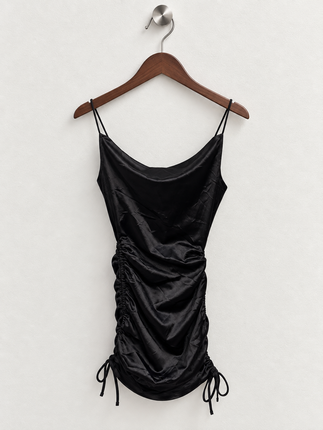H&M Divided Black Satin Ruched Cowl Neck Mini Slip Dress - Size XS