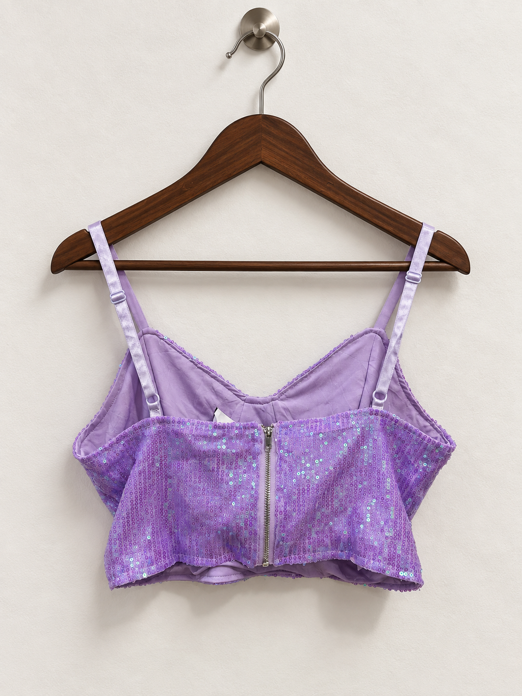 Lavender Purple Sequin Bustier Cami Crop Top with Back Zip