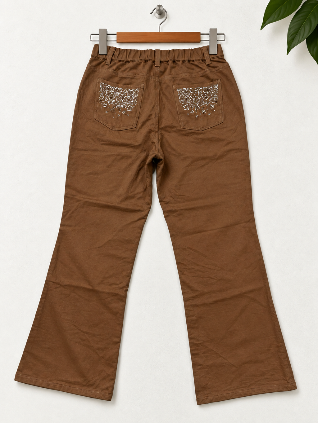Dream Seasons Women's Brown Rhinestone Flared Trousers - Size M Short