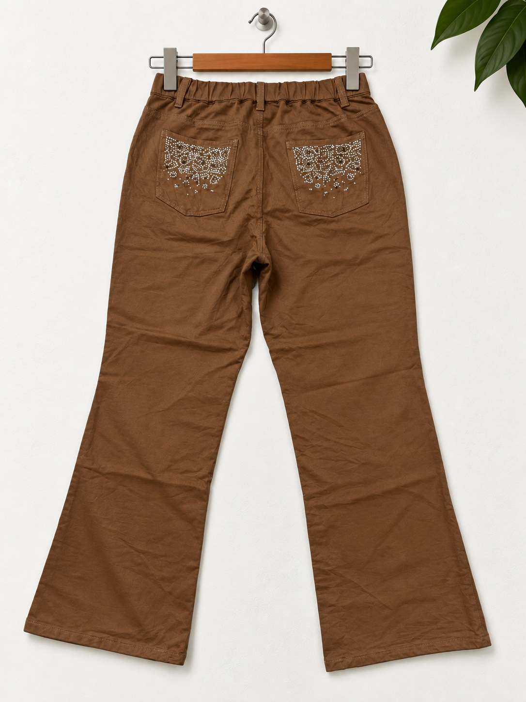 Dream Seasons Women's Brown Rhinestone Flared Trousers - Size M Short
