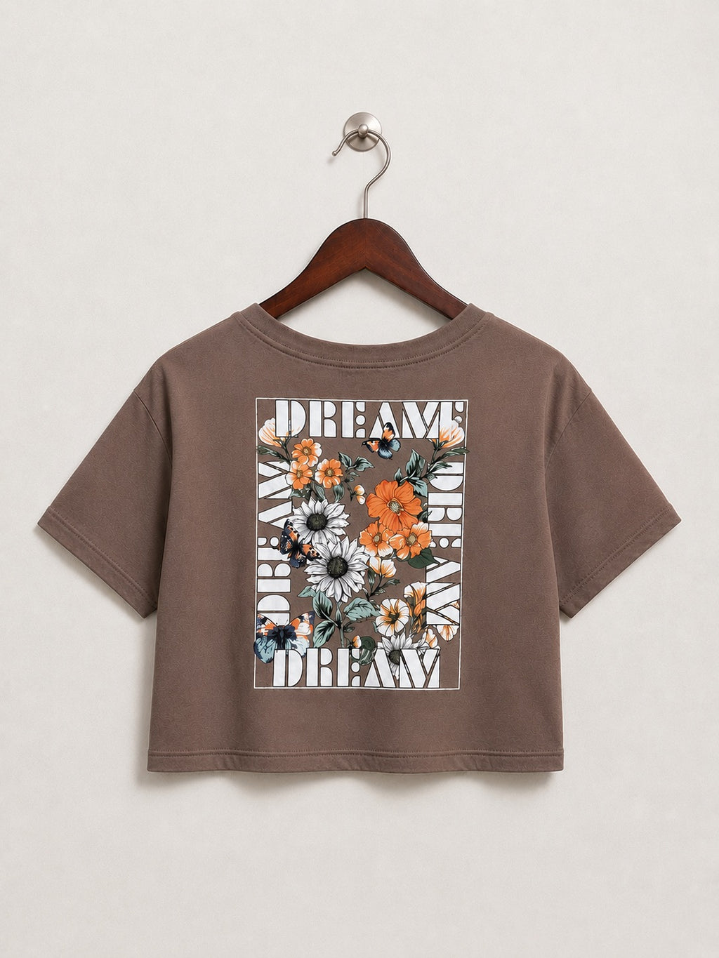 Women's Brown Floral & Butterfly "DREAMER" Graphic Crop Top