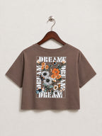 Women's Brown Floral & Butterfly "DREAMER" Graphic Crop Top