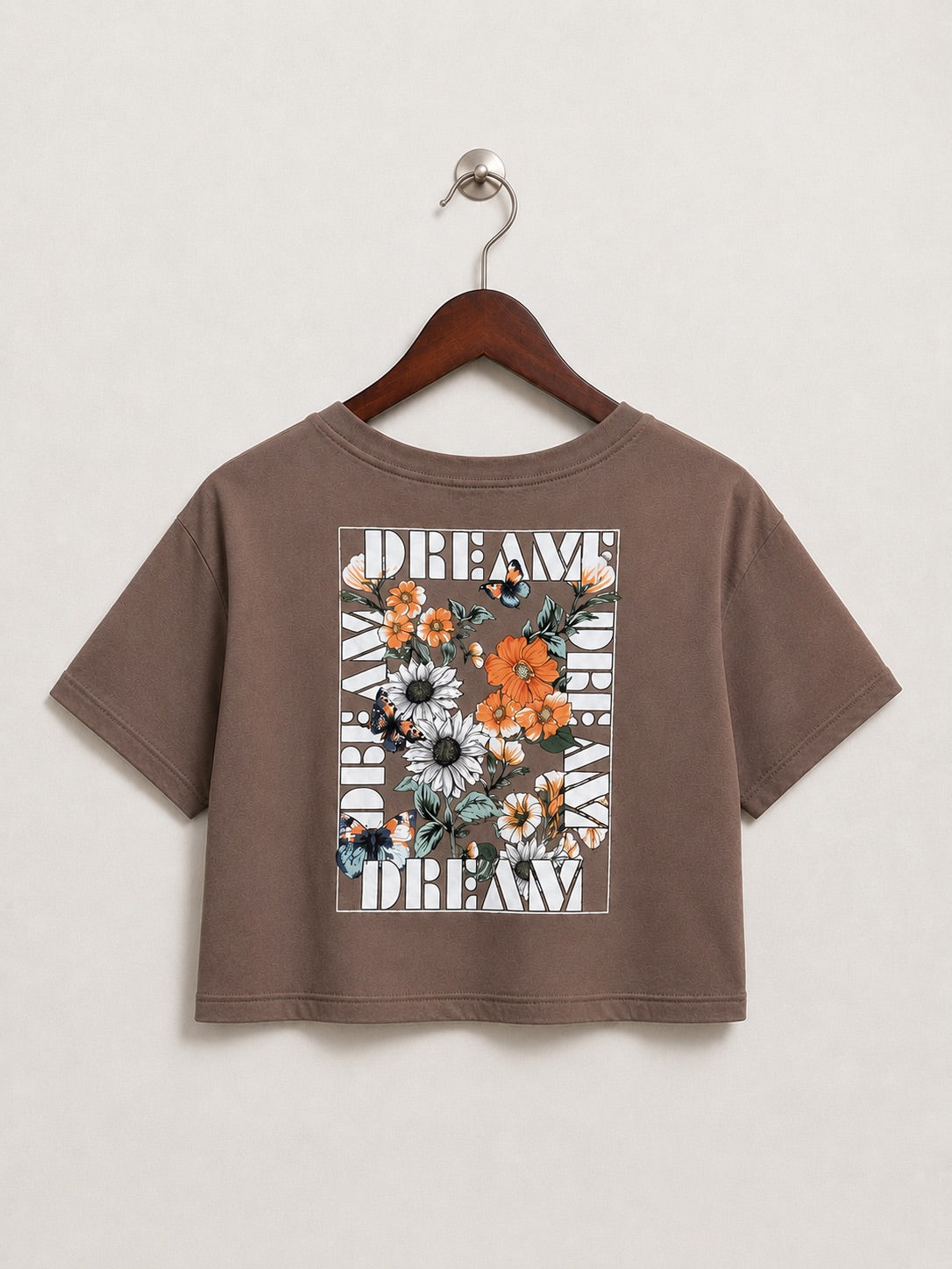 Women's Brown Floral & Butterfly "DREAMER" Graphic Crop Top