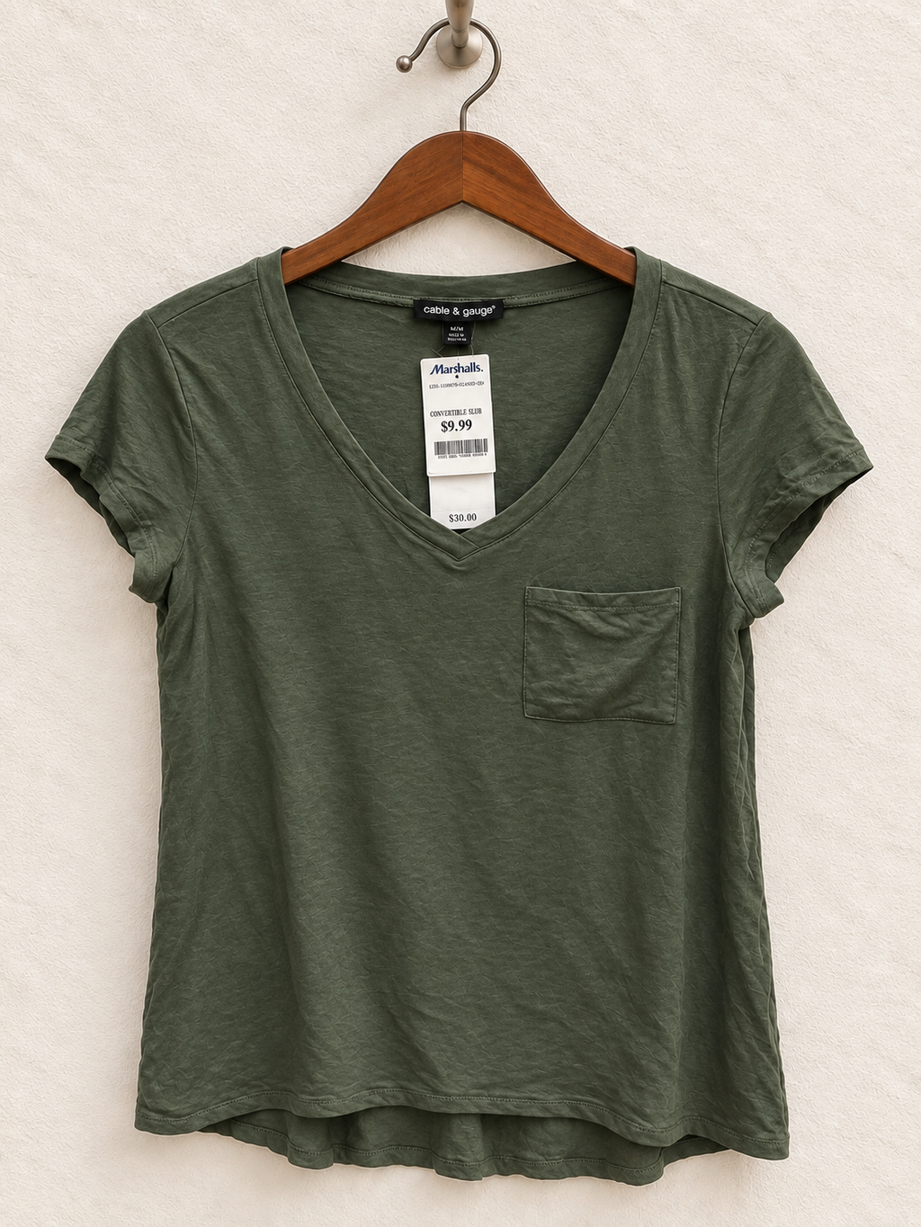 Cable & Gauge Women's Olive Green V-Neck Slub Knit Pocket T-Shirt Size - M