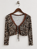 Women's Leopard Print Lace-Trim Long Sleeve Tie-Front Crop Top