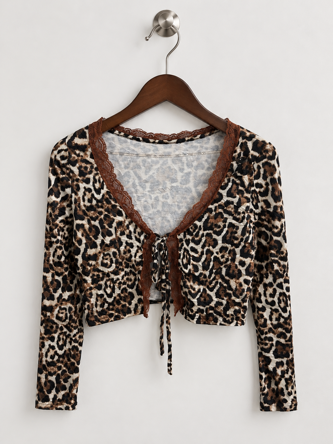 Women's Leopard Print Lace-Trim Long Sleeve Tie-Front Crop Top