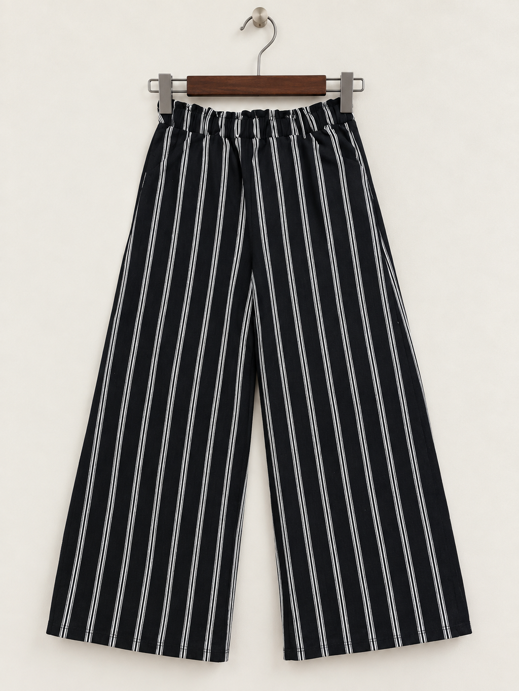 Black & White Striped Wide Leg Elastic Waist Trousers