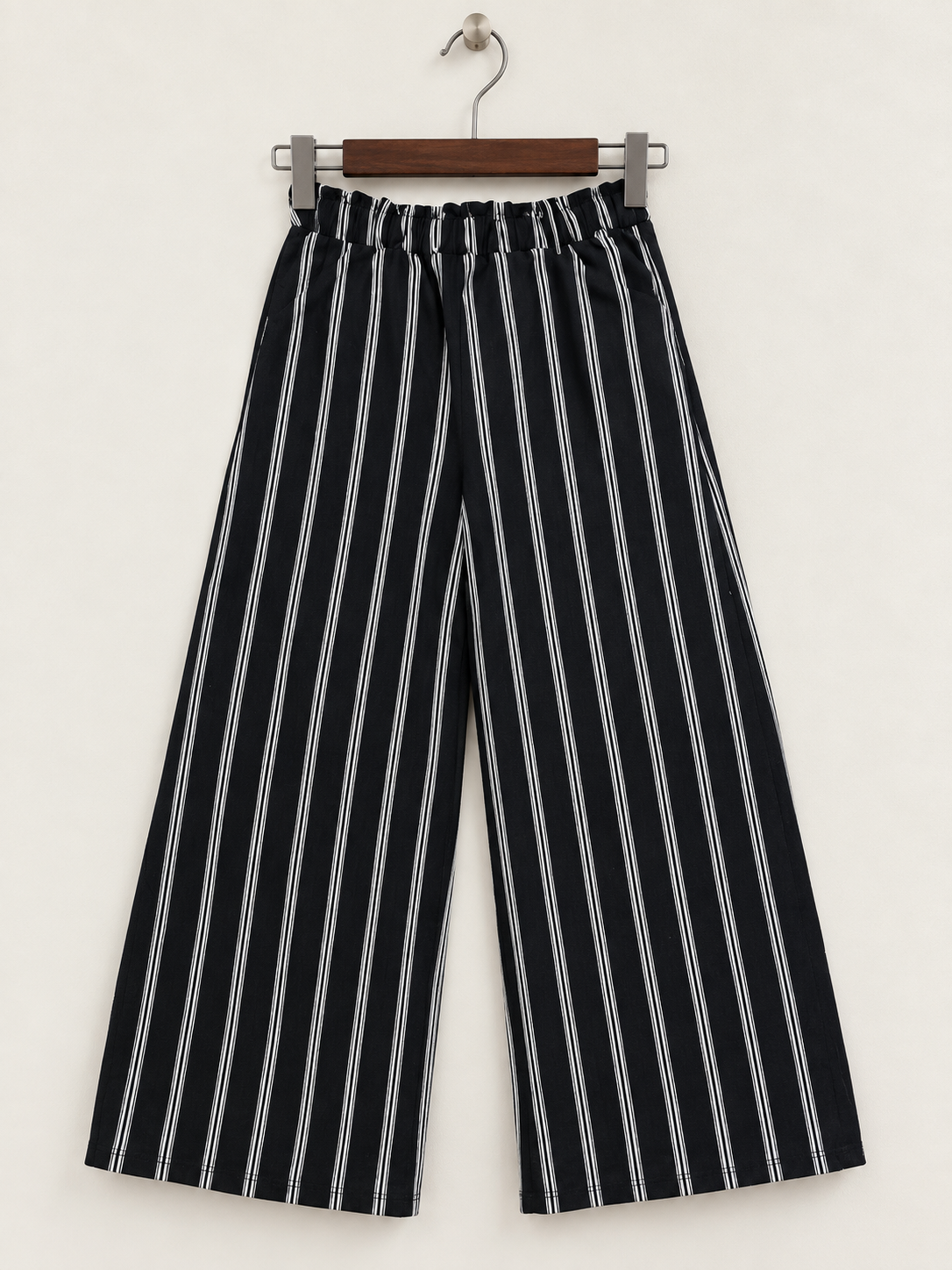 Black & White Striped Wide Leg Elastic Waist Trousers