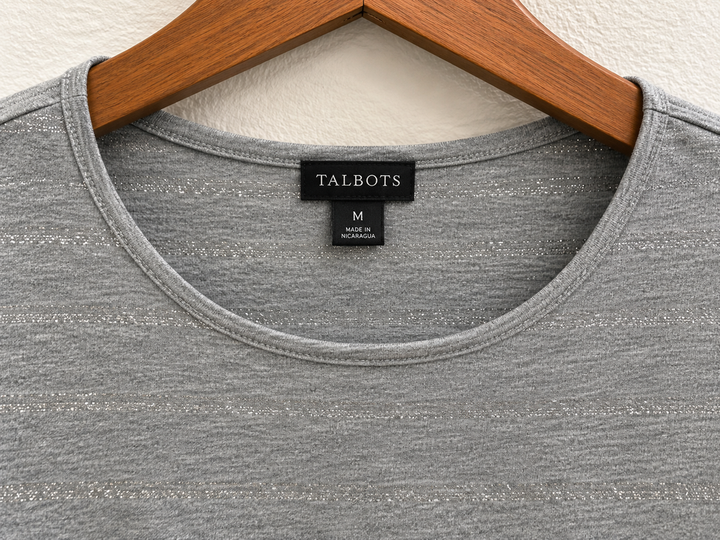 Talbots Women's Grey Metallic Shimmer Striped Long Sleeve Scoop Neck Tshirt Size M