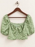 Women’s Sage Green Floral Puff Sleeve Crop Top