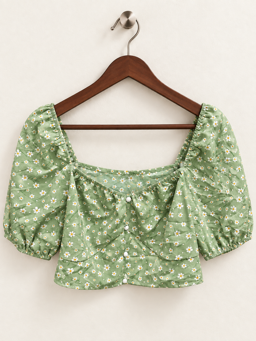 Women’s Sage Green Floral Puff Sleeve Crop Top
