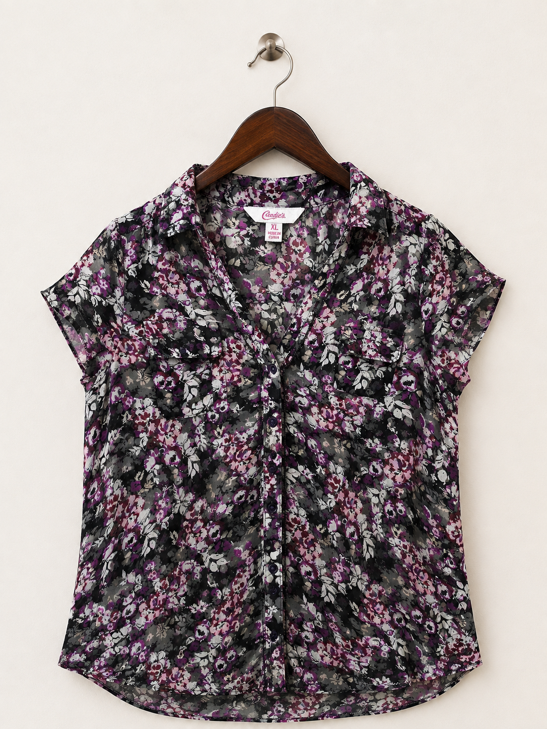 Candie's Women's Purple & Black Floral Button-Down Top – Size XL