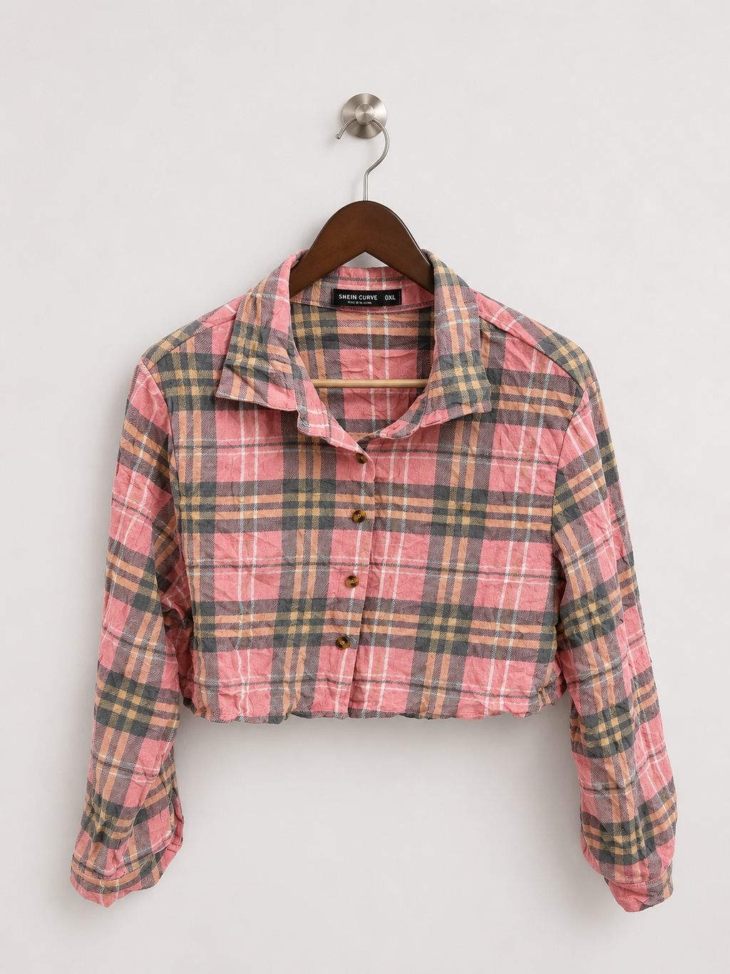 SHEIN CURVE Women's Pink Plaid Cropped Button-Down Top– Size 0XL