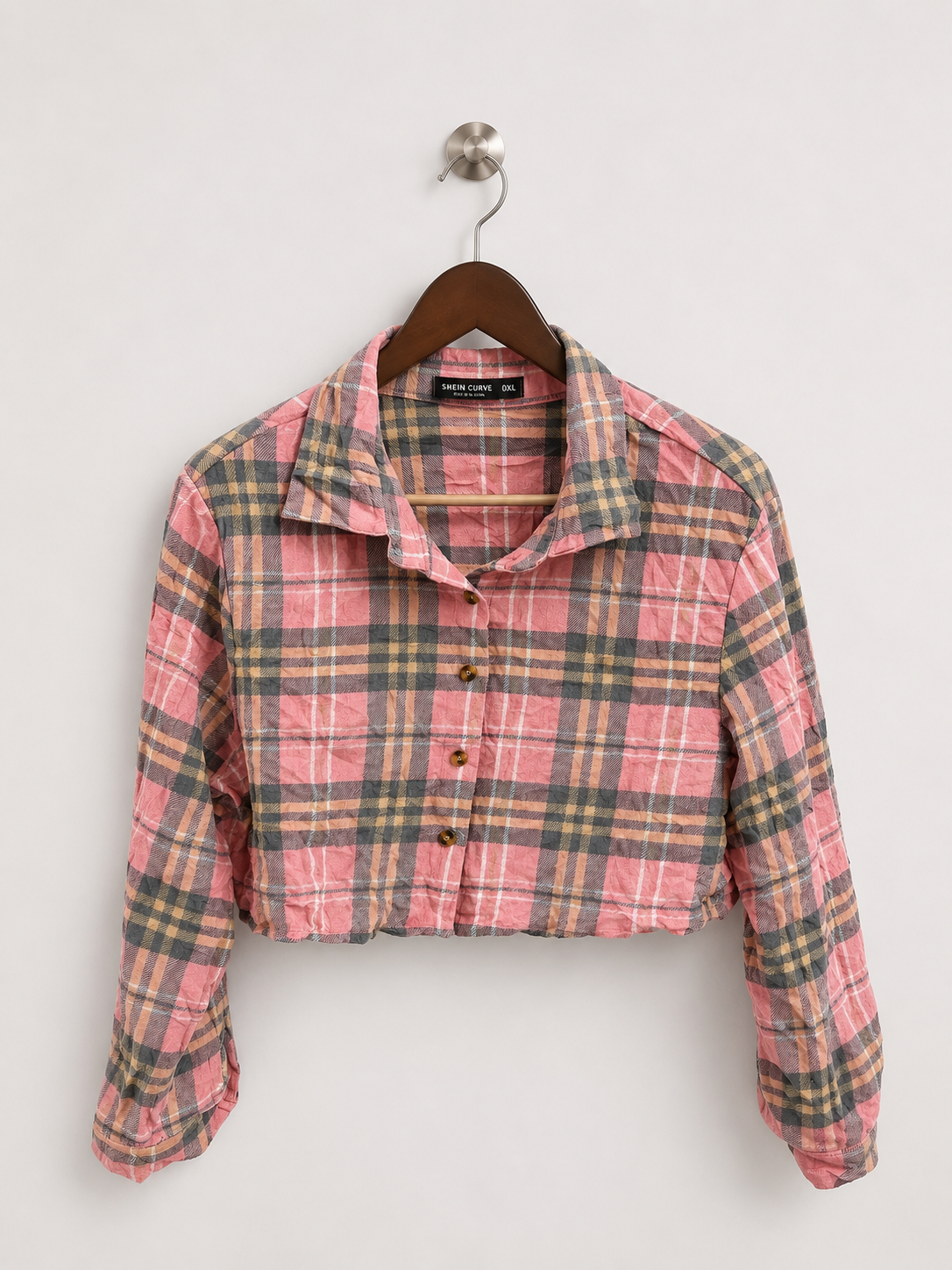 SHEIN CURVE Women's Pink Plaid Cropped Button-Down Top– Size 0XL