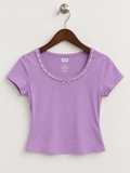 SO Women's Lavender Purple Lace & Ribbon Trim Crop Top