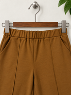 Camel Brown Pleated Wide-Leg Elastic Waist Trousers
