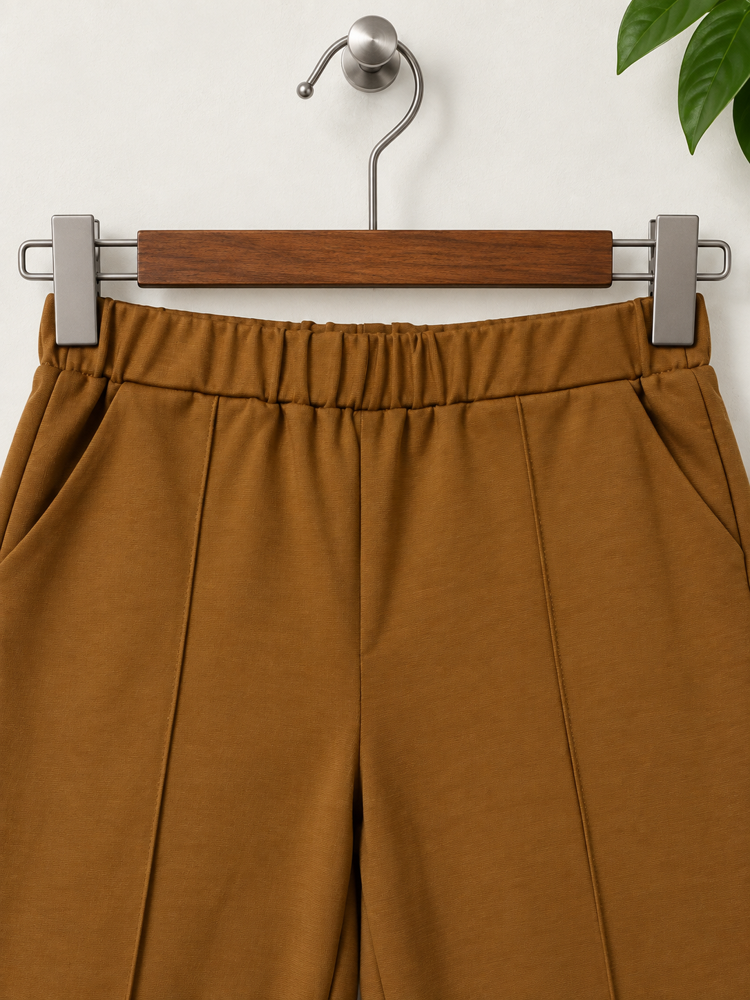 Camel Brown Pleated Wide-Leg Elastic Waist Trousers