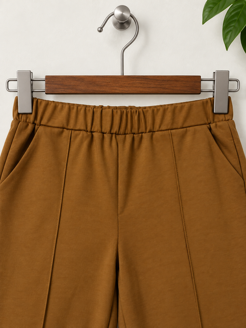 Camel Brown Pleated Wide-Leg Elastic Waist Trousers