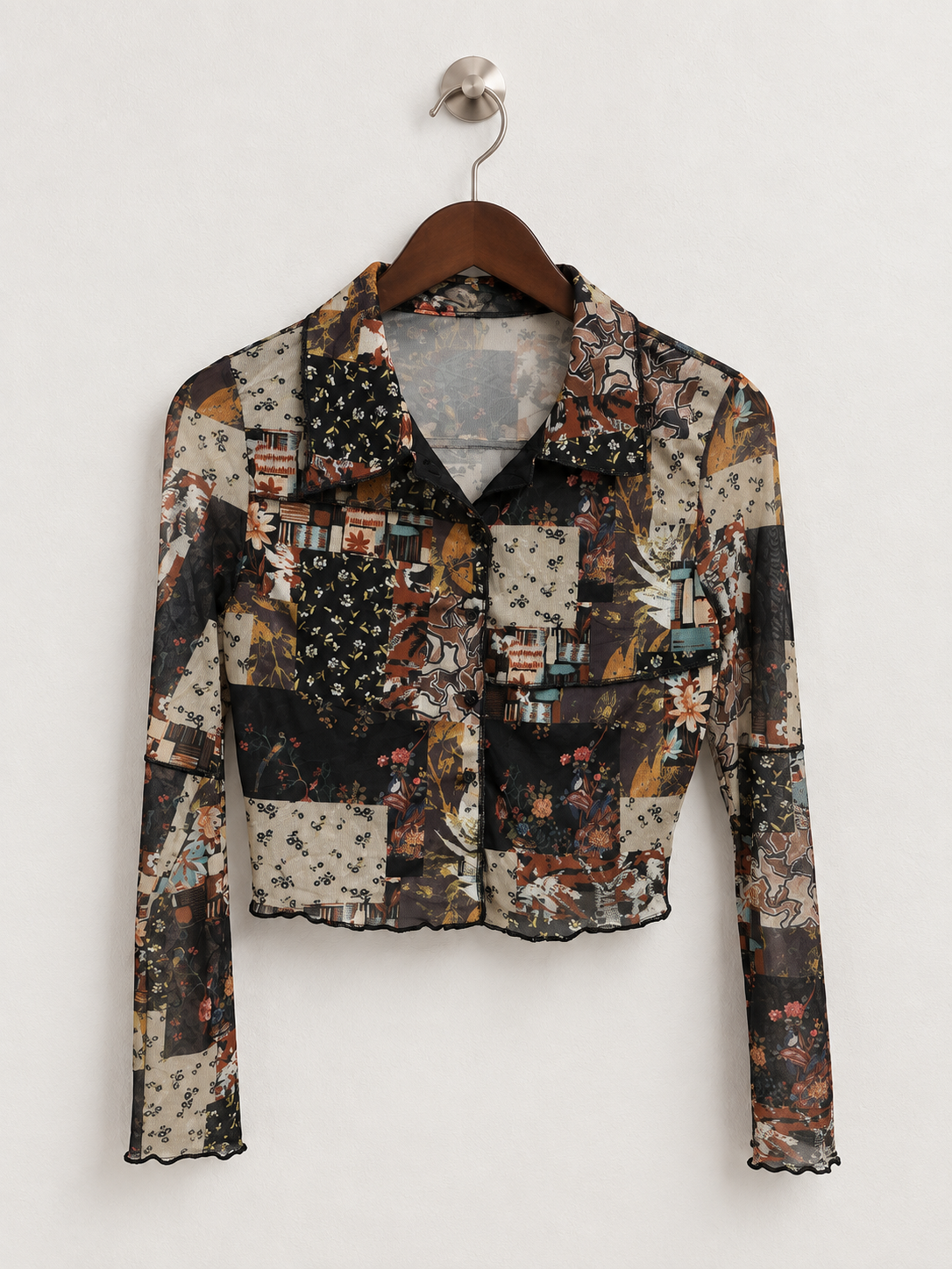 Women's Vintage Patchwork Printed Sheer Mesh Cropped Shirt