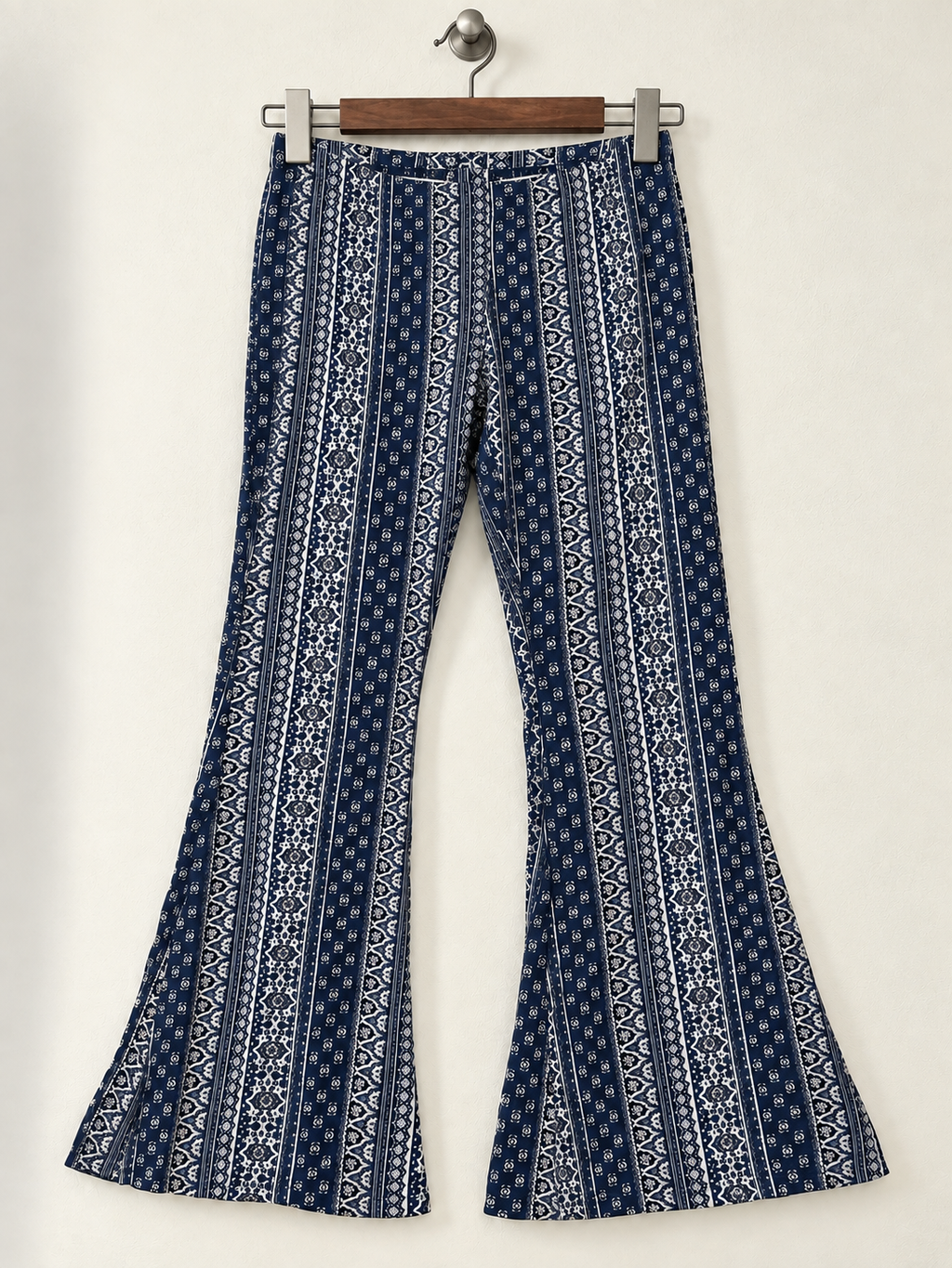 “Full Tilt” Navy Boho Print Elastic Waist Flare Pants