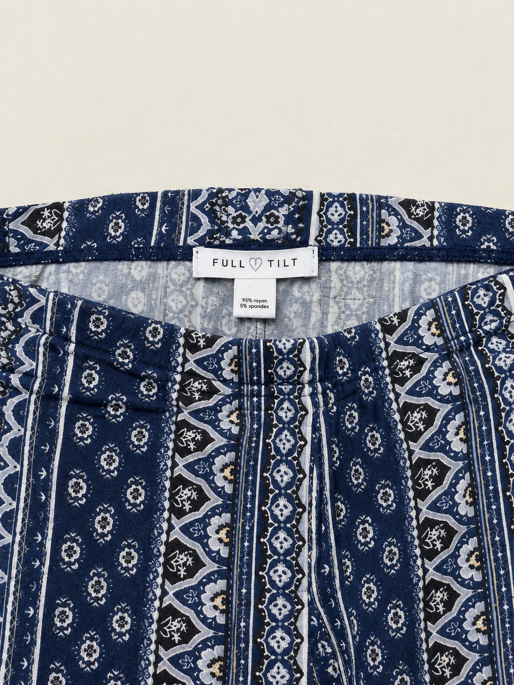 “Full Tilt” Navy Boho Print Elastic Waist Flare Pants