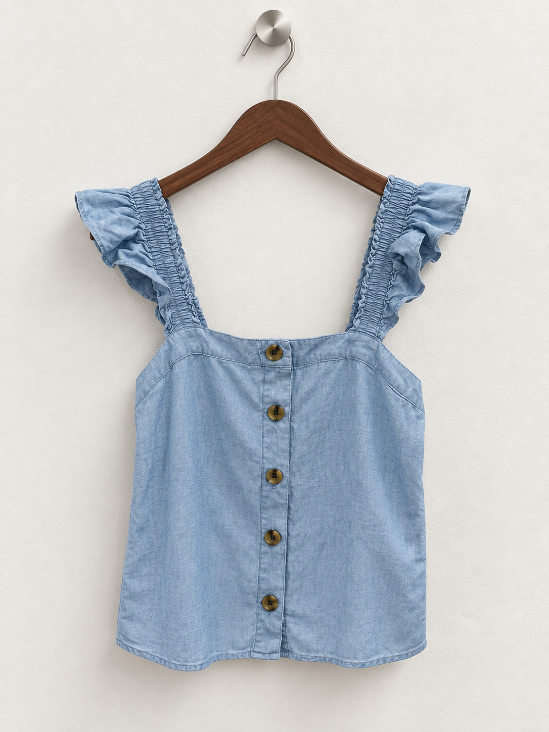 J.Crew Light Wash Ruffle Strap Button-Front Tank Top - Size S