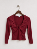 Cotton On Maroon Long Sleeve Deep V-Neck Keyhole Top - Size S