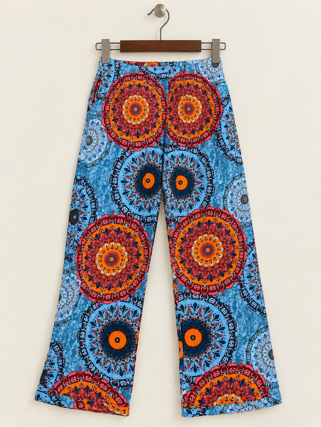Blue & Orange Bohemian Mandala Print Wide Leg Pants - Size M