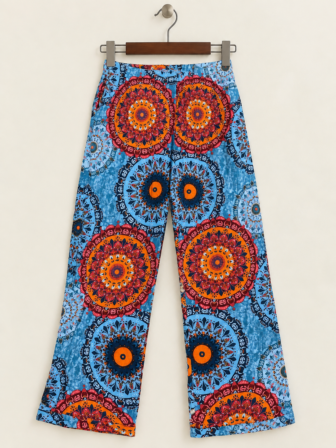 Blue & Orange Bohemian Mandala Print Wide Leg Pants - Size M