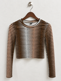 SHEIN Brown Striped Long Sleeve Crop Top - Size S