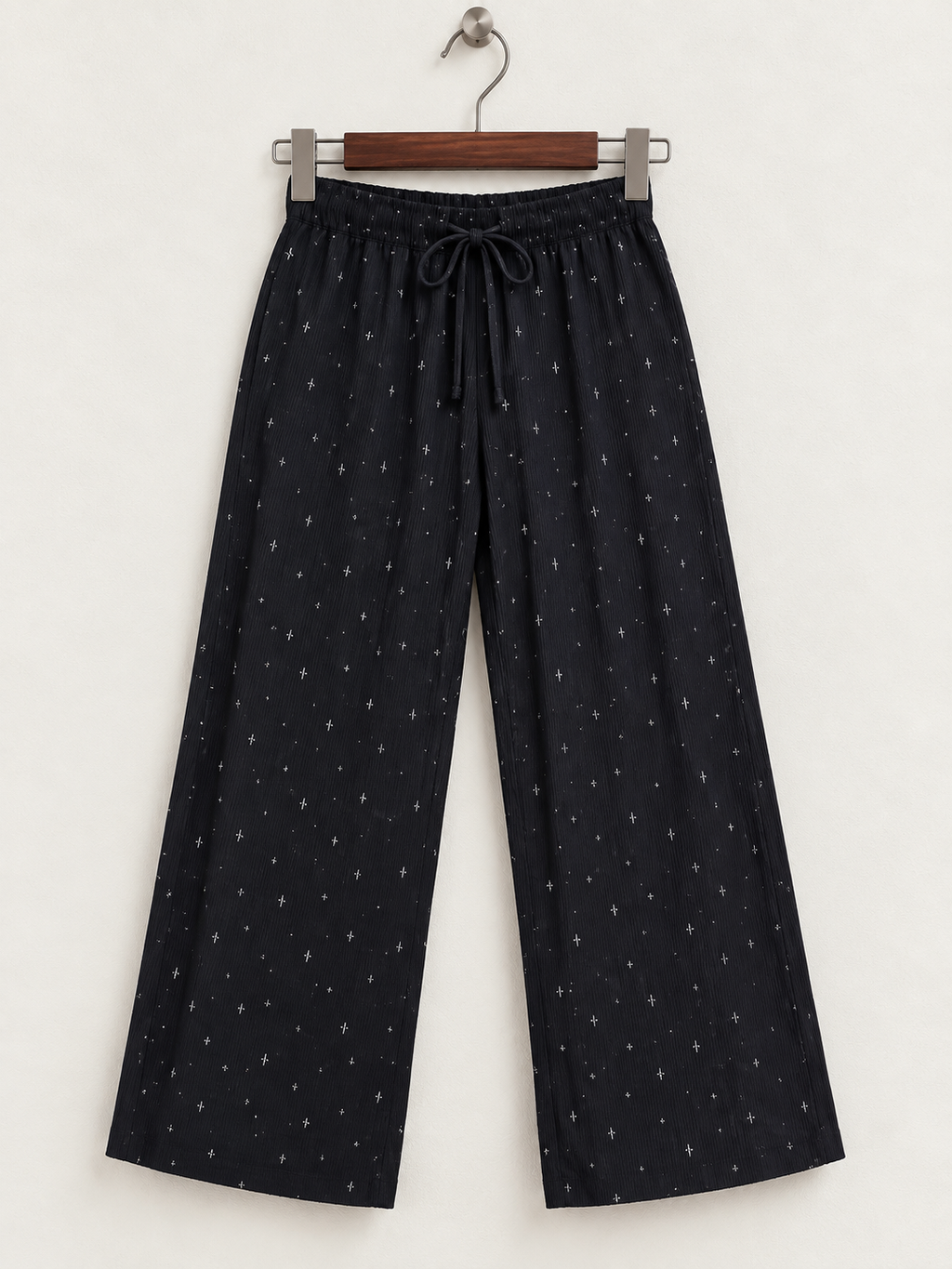 Black Star Print Rayon Wide Leg Trousers