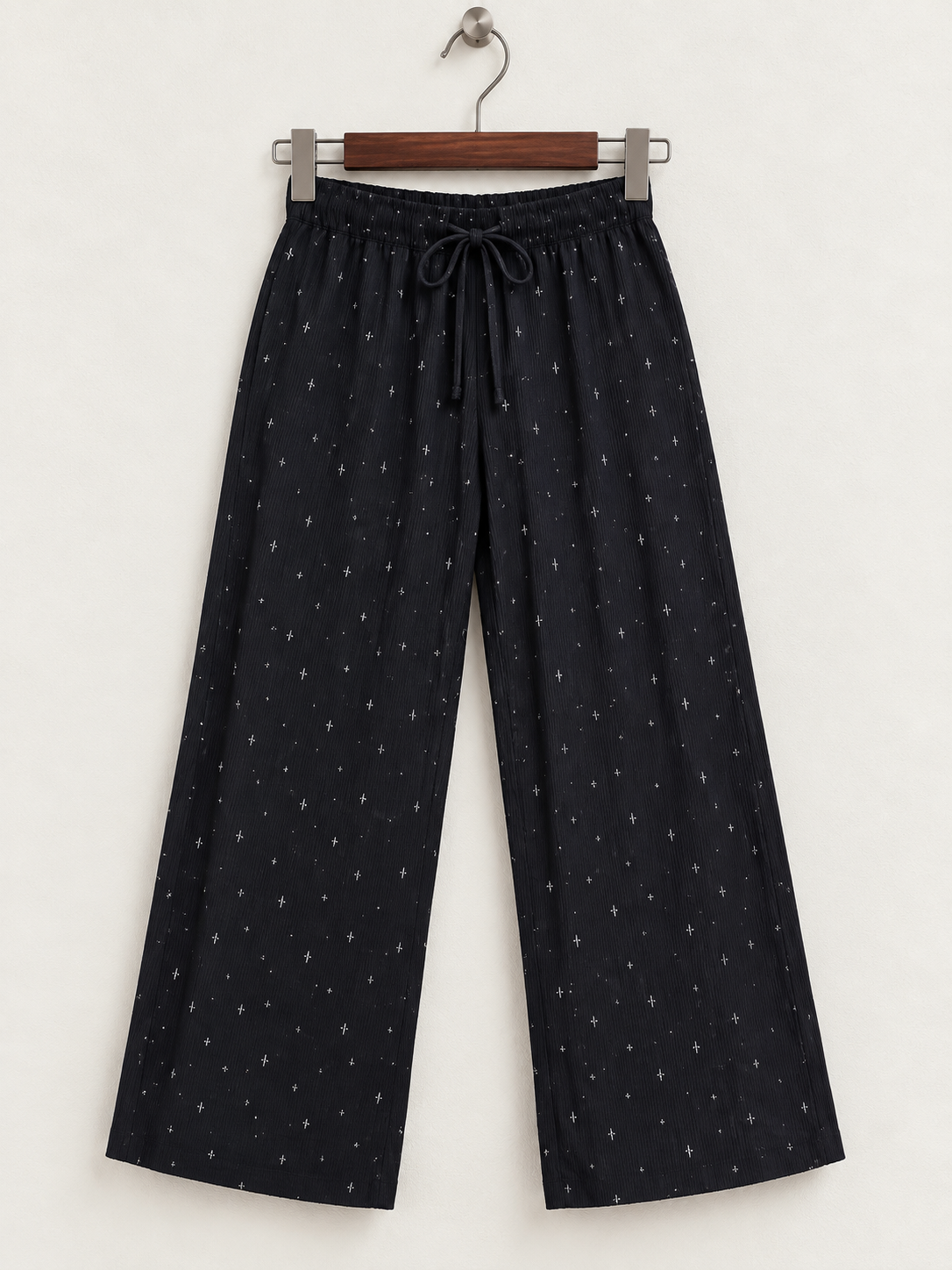 Black Star Print Rayon Wide Leg Trousers