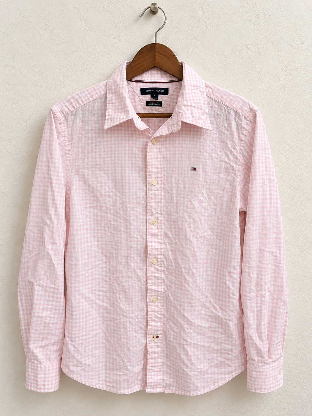 Tommy Hilfiger Men's Light Pink Gingham Check Regular Fit Long Sleeve Shirt