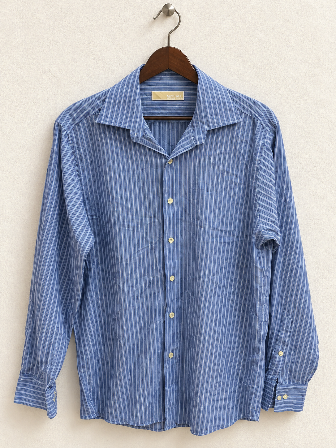 MICHAEL Michael Kors Men's Blue Striped 100% Cotton Long Sleeve Dress Shirt Size - M