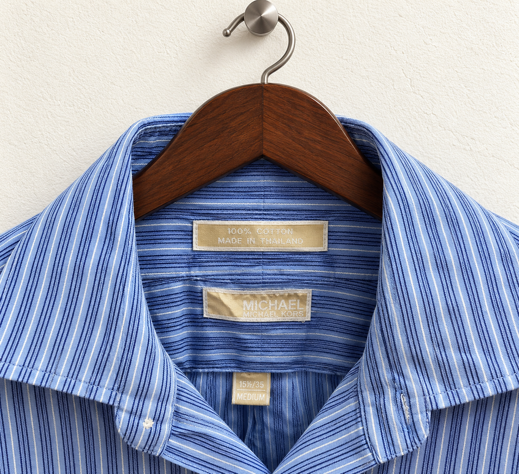 MICHAEL Michael Kors Men's Blue Striped 100% Cotton Long Sleeve Dress Shirt Size - M
