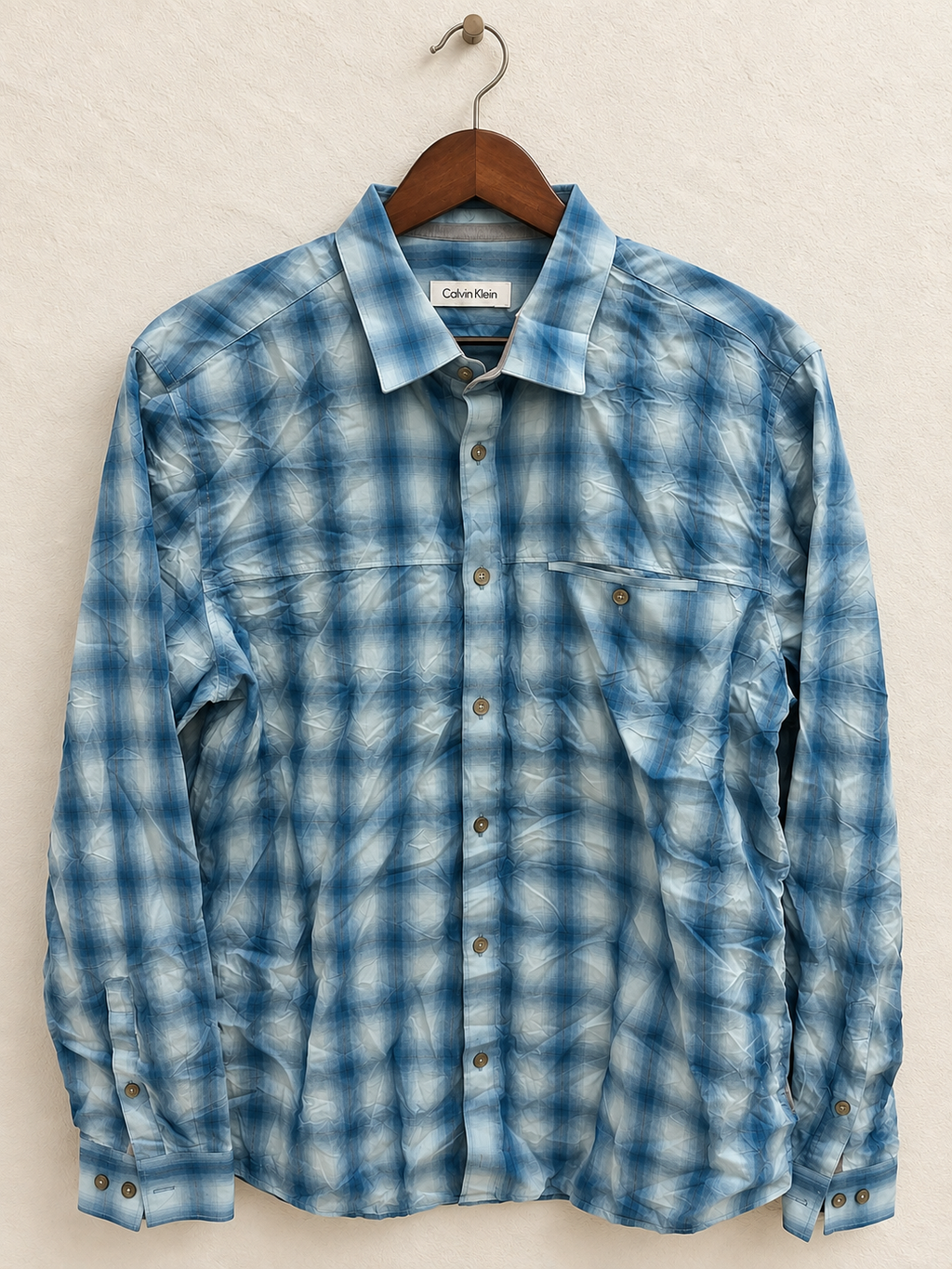 Calvin Klein Men's Sky Blue Ombré Plaid Long Sleeve Casual Shirt Size - L