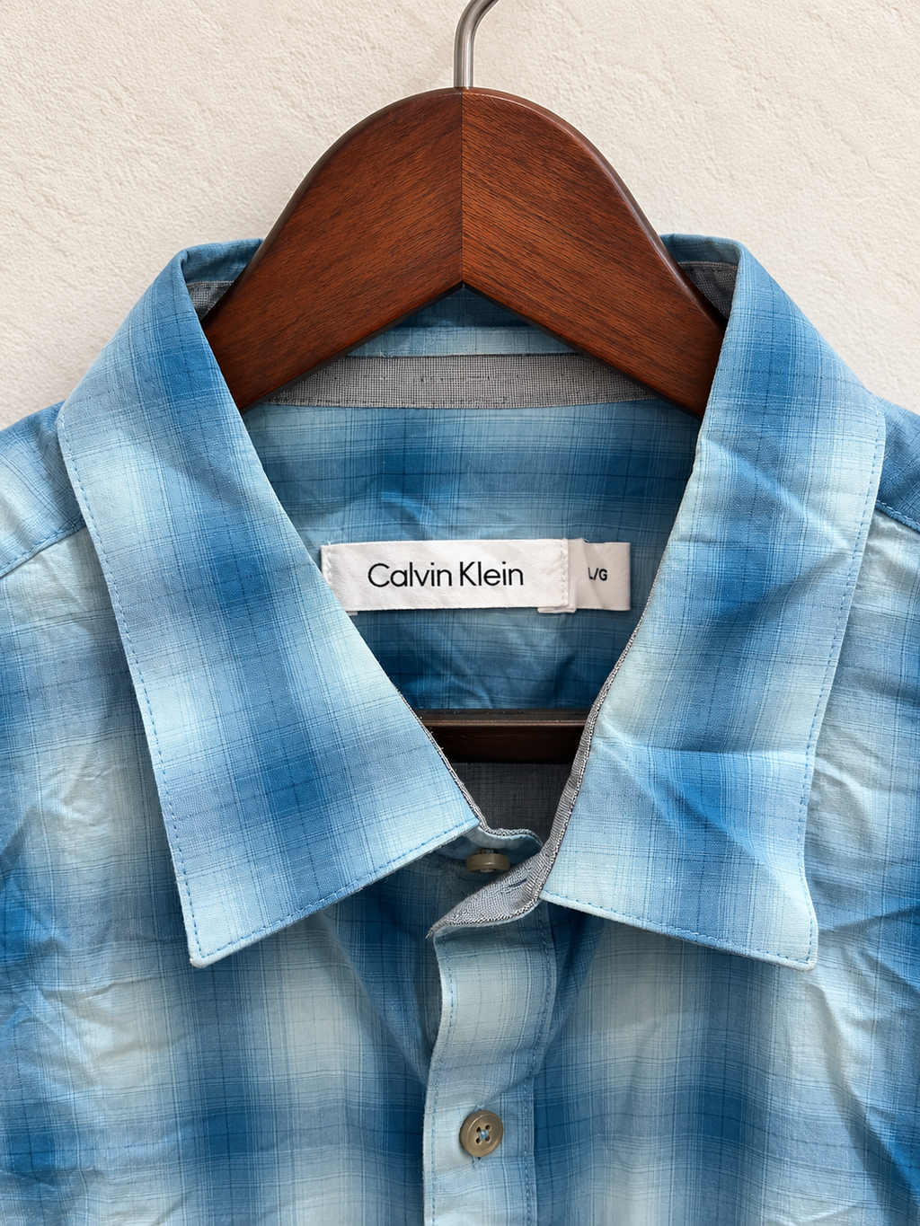 Calvin Klein Men's Sky Blue Ombré Plaid Long Sleeve Casual Shirt Size - L