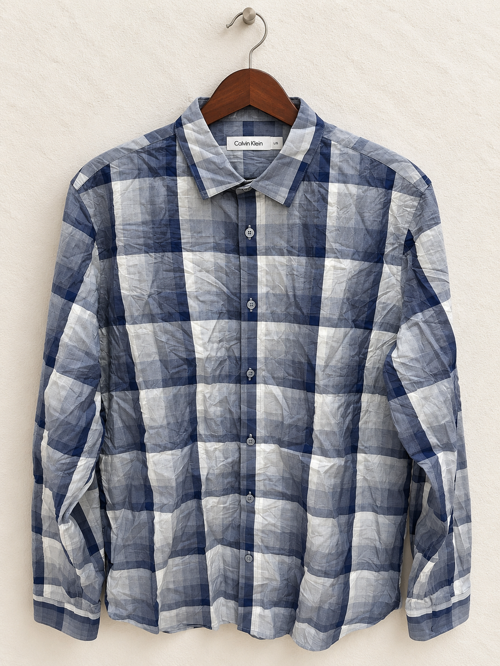 Calvin Klein Men's Navy & Grey Large Plaid Check Long Sleeve Casual Shirt Size - L