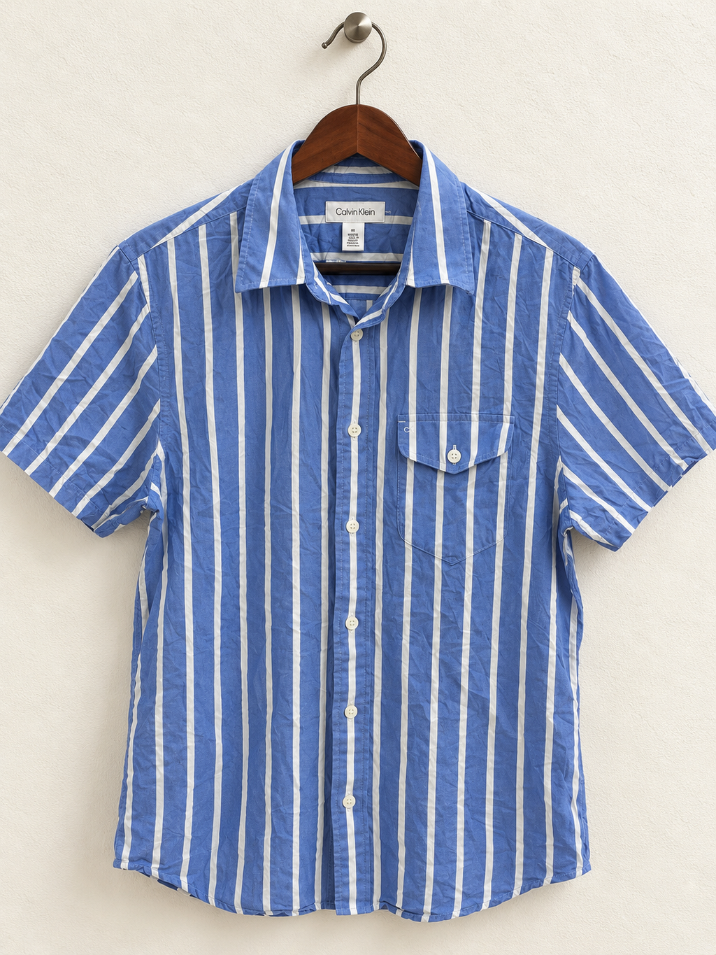 Calvin Klein Men's Blue & White Vertical Striped Short Sleeve Cotton Stretch Shirt Size - M