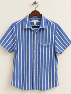 Calvin Klein Men's Blue & White Vertical Striped Short Sleeve Cotton Stretch Shirt Size - M