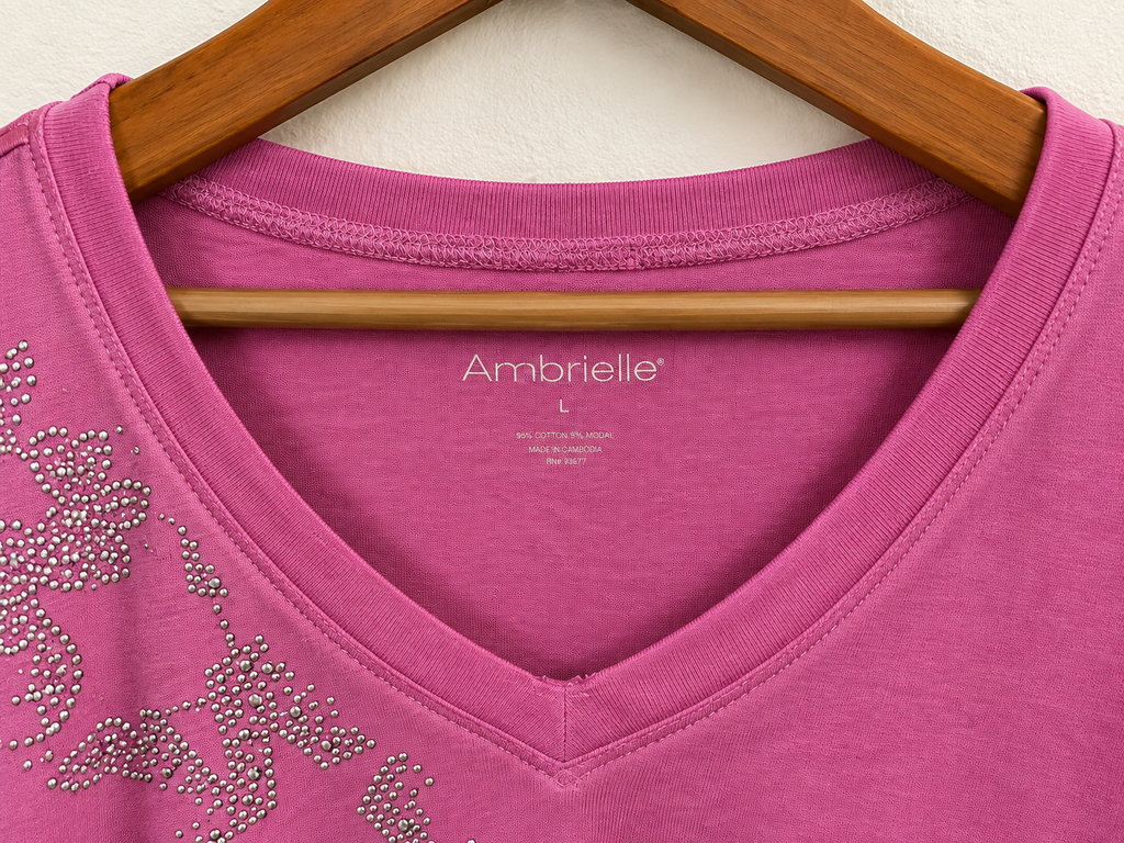 Ambrielle Women's Pink Studded Embellished V-Neck T-Shirt